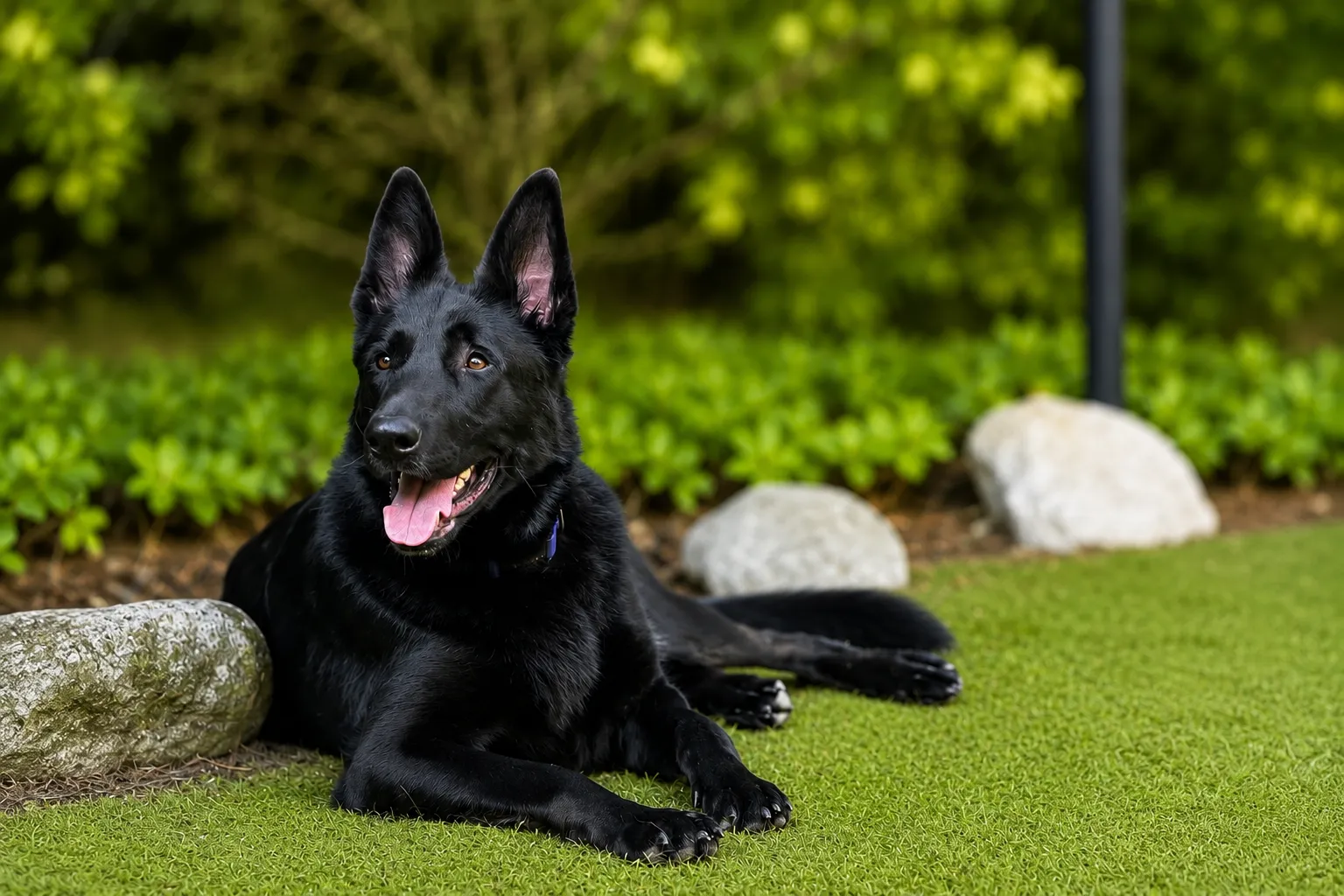 A black German Shepherd lying on the grass, tongue out, in front of a garden bed